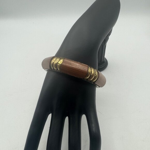 Wood Brass Octagon Bangle Bracelet Unique Retro Boho Style Accessory - Picture 3 of 5